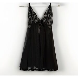 Y2K Vintage Slip Dress Medium Black Sheer‎ Mesh Sequin Babydoll Chemise Lingerie